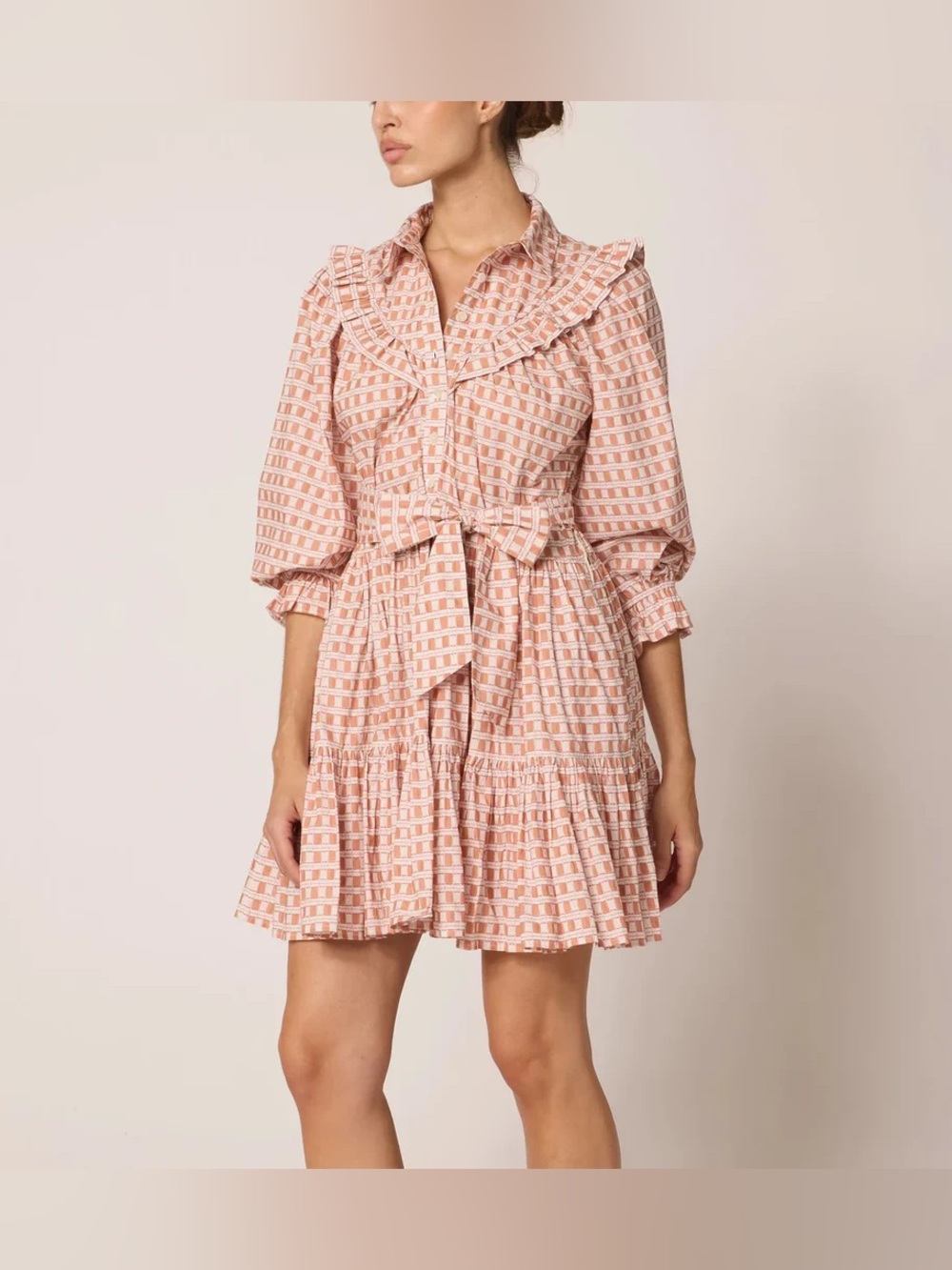 Cleobella Gloria Coral Pink Checked Ruffle Shirt Dress Medium